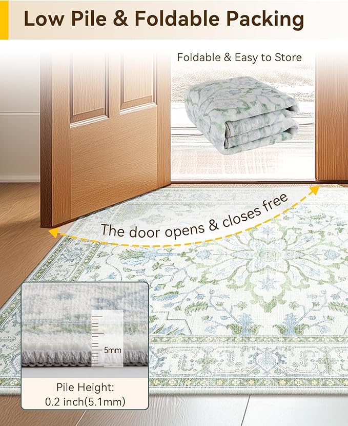 RELEANY Area Rugs 2'x8' Runner Rug Non Slip Washable for Kitchen Hallway Bedroom Beside Laundry Room Bathroom Rug, Floor Carpet, Green White Blue
