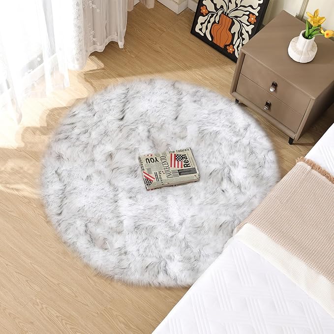 ORINOVA Grey and White Plush Machine Washable Area Rugs for Bedroom Small Circle Furry Faux Sheepskin Fur Rug for Living Room Nursery Round Rug 3ft