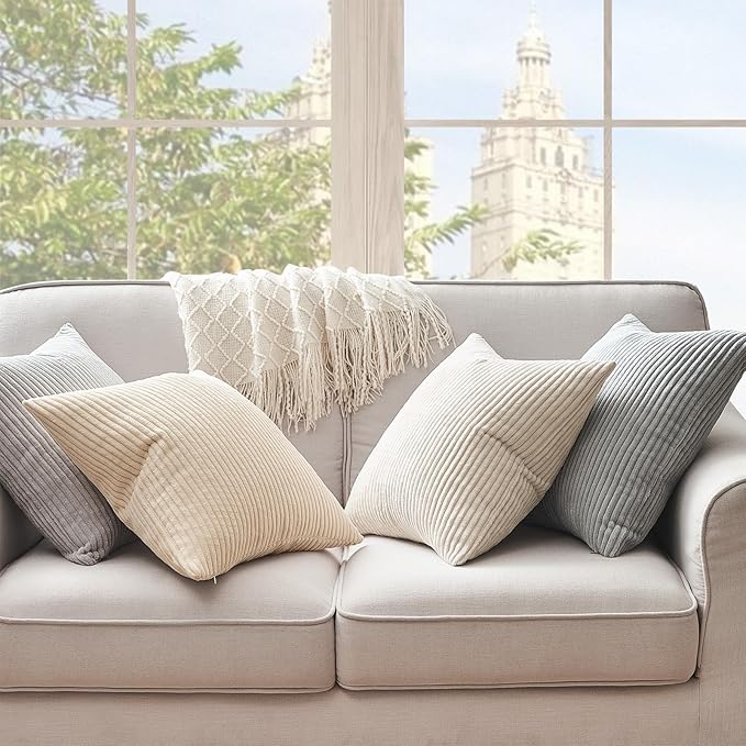 Topfinel 4 Packs Neutral Decorative Throw Pillows Covers 22x22 Inch for Living Room Couch Bed Sofa, Rustic Farmhouse Boho Neutral Home Decor, Soft Plush Striped Corduroy Square Cushion Case 55x55 cm