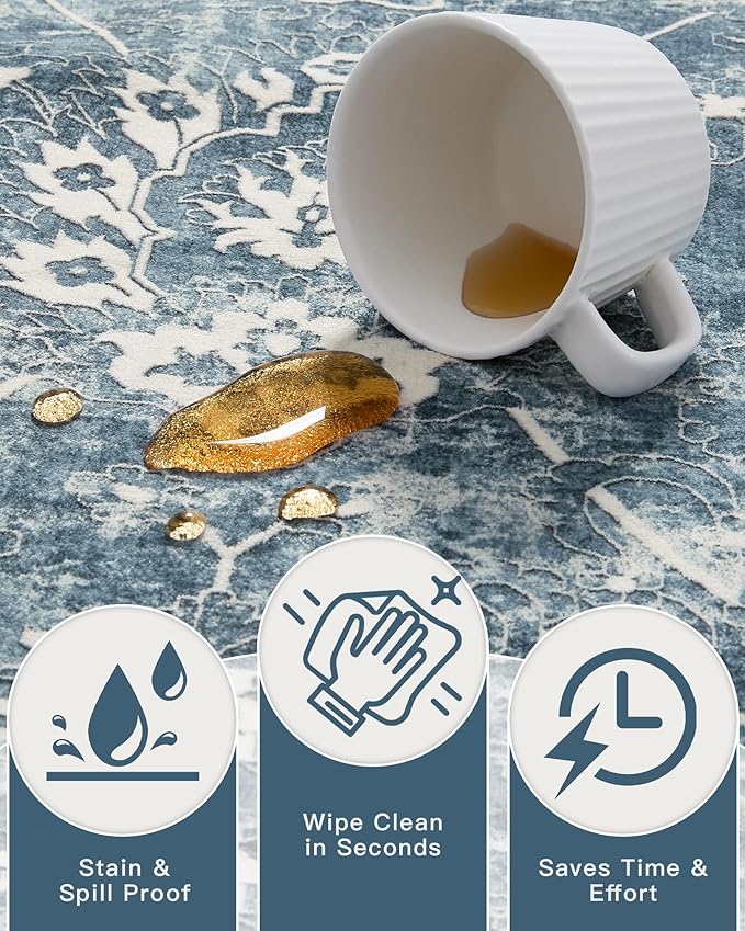 Madane 8x10 Area Rugs for Living Room, Machine Washable Vintage Rug with Non-Slip Backing, Soft Floral Print Large Throw Rugs, Thin Carpet for Bedroom Dining Room Farmhouse (8 x 10, Cadet Blue)