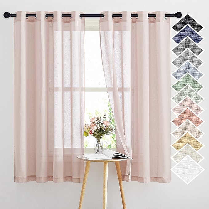 NICETOWN Linen Blend Semi Sheer Curtains 63" L for Nursery, Decorative Grommet Flax Texture Semitransparent Casual Window Treatment Privacy Protect for Flat/Apartment, 52" W, 2 PCs, Dusty Blush