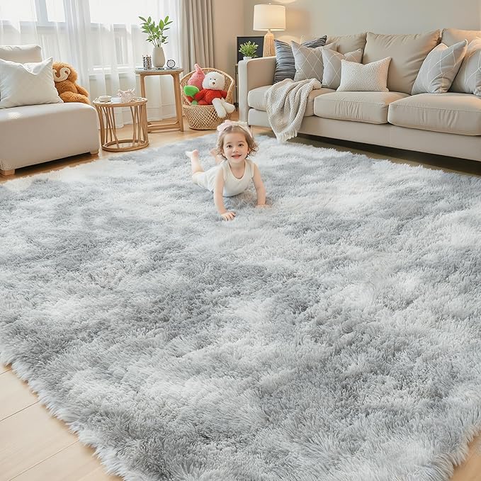 Super Soft Shaggy Area Rugs for Bedroom 4x6 Feet, Shaggy Plush Living Room Shag Furry Floor Rugs, Non-Shedding Indoor Rugs for Living Room Decor(4 x 6, Light Grey Tie-Dyed)