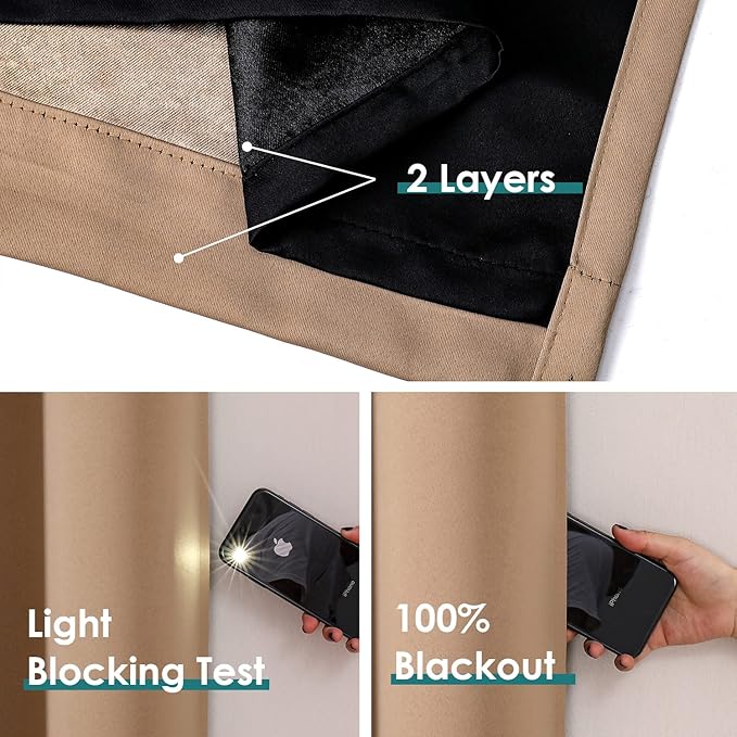 ChrisDowa 100% Blackout Curtains 80 inch Long for Bedroom with Black Liner, 2 Thick Layers Total Blackout Thermal Insulated Grommet Window Curtains 2 Panels Set (Cappuccino, 52 x 80 Inch)