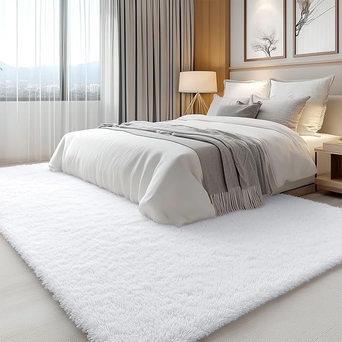 OLANLY 7x12 Machine Washable Large Area Rugs for Living Room, Bedroom, Soft Fluffy Shaggy Bedside Rug, Indoor Floor Carpet for Kids Girls and Boys, Dorms, Nursery, Home Decor Aesthetic, White