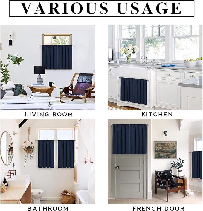 RYB HOME Short Navy Blue Blackout Curtains for Small Bedroom Window, Insulating UV Blocking Drapes for Kitchen Cafe Basement Garage, Privacy Tiers for Bathroom Window, Width 42 by Length 36, Set of 2