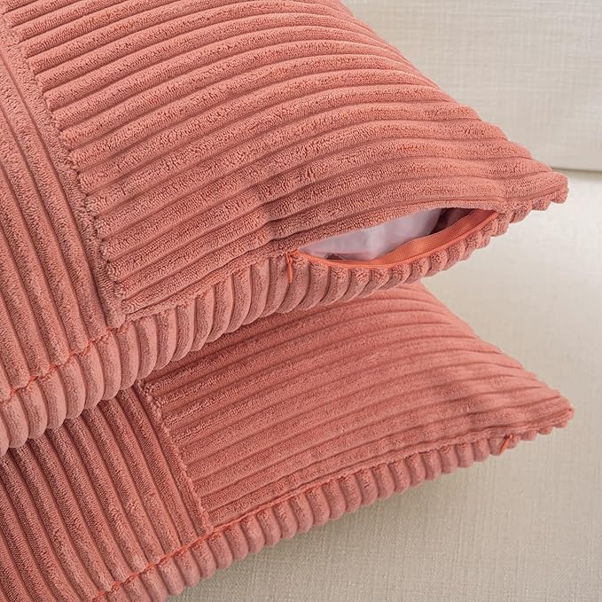 Fancy Homi 2 Packs Coral Lumbar Decorative Throw Pillow Covers 16x26 Inch for Couch Bed Sofa, Rustic Farmhouse Boho Home Decor, Soft Striped Corduroy Rectangle Accent Cushion Case 65x40 cm