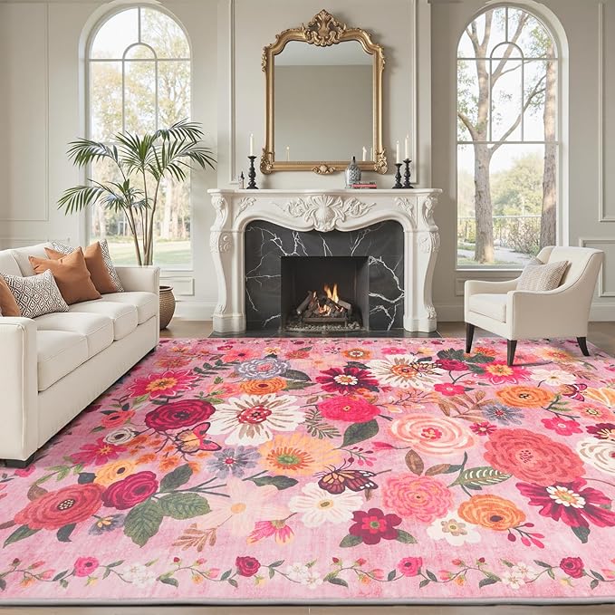 Pink Area Rugs 10x14 Living Room, Non Slip Machine Washable Floral Rugs, Low Pile Lightweight Large Rug for Bedroom, Dining Room, Home Office(10 x 14, Pink Garden)