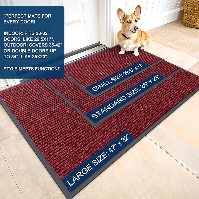 OLANLY Front Door Mat Indoor Outdoor Entrance, 2-Pack 47 x 32 Inch, Waterproof Heavy Duty Doormat, Fade Resistant, Low Profile, Easy Clean Patio Porch Welcome Floor Mats for Entry, Wine Red
