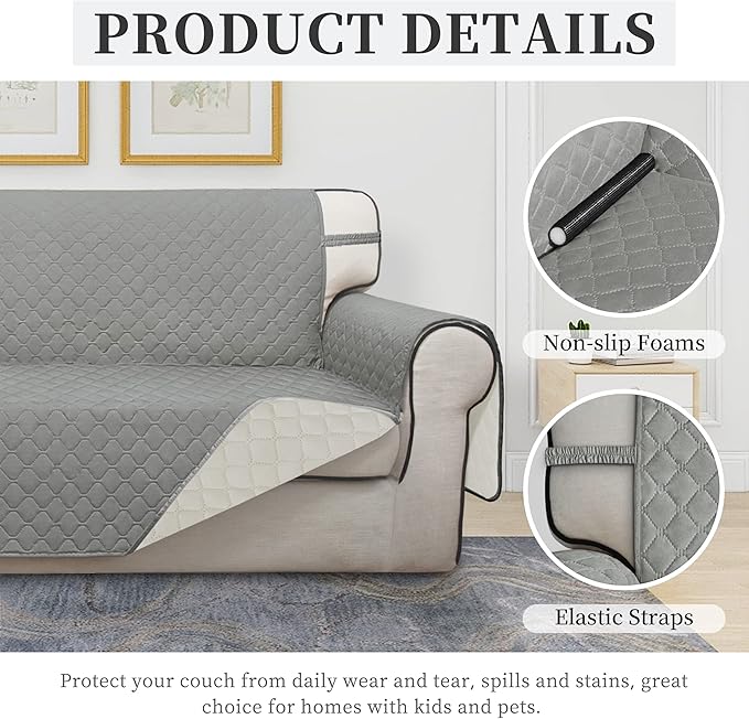 ISSUNTEX Double Protection 100% Waterproof Sofa Covers for Living Room, Couch Covers for 3 Cushion Couch Sofa, Reversible Furniture Protector Sofa Cover for Dogs, Pets, Kids (Sofa, Light Gray/Ivory)
