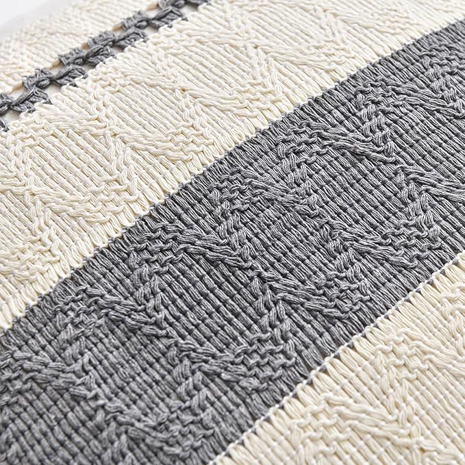 Fancy Homi Set of 1 Neutral Grey Farmhouse Decorative Throw Pillow Covers 20x20 Inch for Couch Bed Chair Indoors, Vintage Country Rustic Retro Room Decor, Soft Thick Cotton Handmade Woven Cushion Case