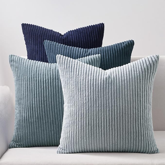 Topfinel Decorative Throw Pillow Covers Dark Blue Navy Series,Summer Corduroy Striped Toss Pillows for Couch,Patio,Balcony,Children Bedroom,Modern Fluffy Green Gradient Shams 20x20 Inch Set of 4
