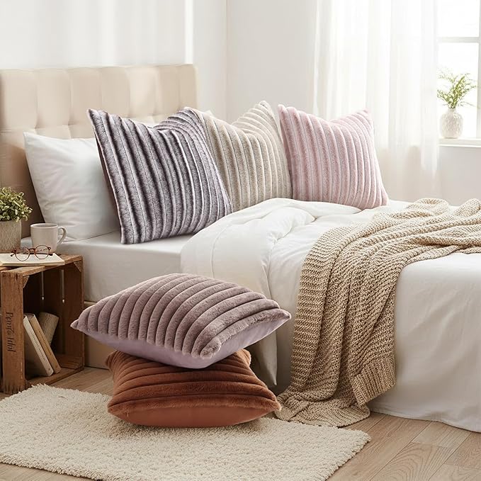 decorUhome Summer Cozy Faux Fur Throw Pillow Covers 12x20 Set of 2 Decorative Soft Plush Striped Lumbar Modern Farmhouse Boho Couch Pillow Cases with Velvet Back for Sofa Bed Living Room, Pink White