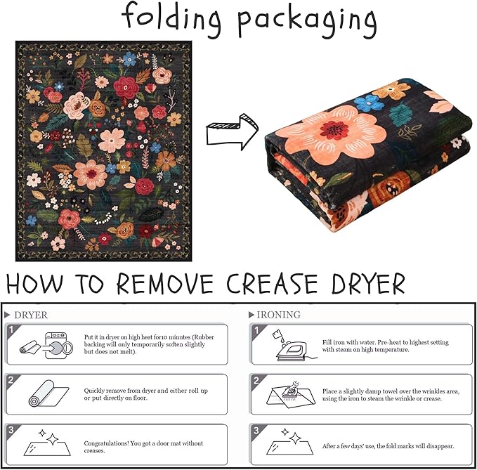 Rugcomf Area Rug 4x6 Rug Washable Boho Rugs Non Slip Low Pile Floral Small Carpet for Bedroom, Bedside, Kids Room, Office, Dining Room(Black)