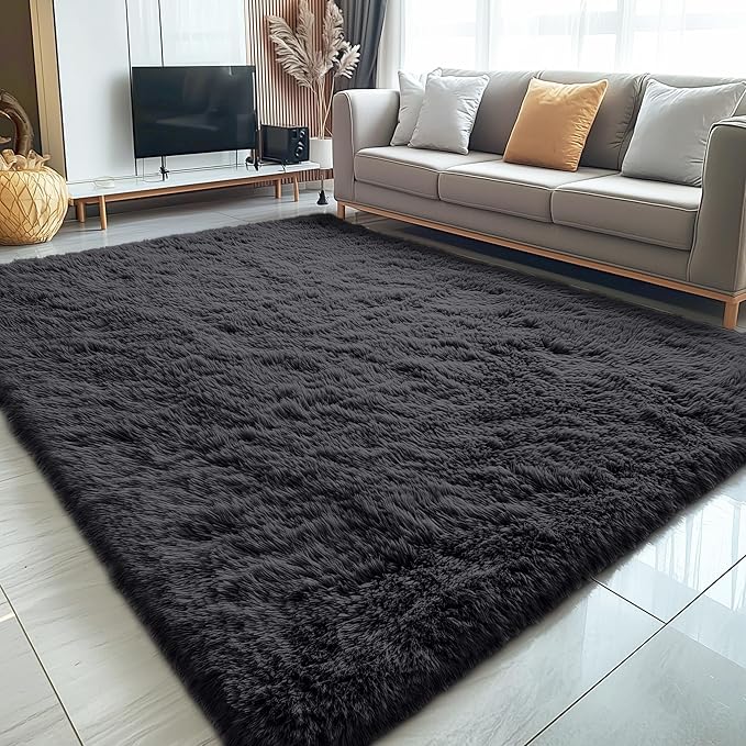 OLANLY 5x12 Machine Washable Large Area Rugs for Living Room, Bedroom, Soft Fluffy Shaggy Bedside Rug, Indoor Floor Carpet for Kids Girls and Boys, Dorms, Nursery, Home Decor Aesthetic, Black