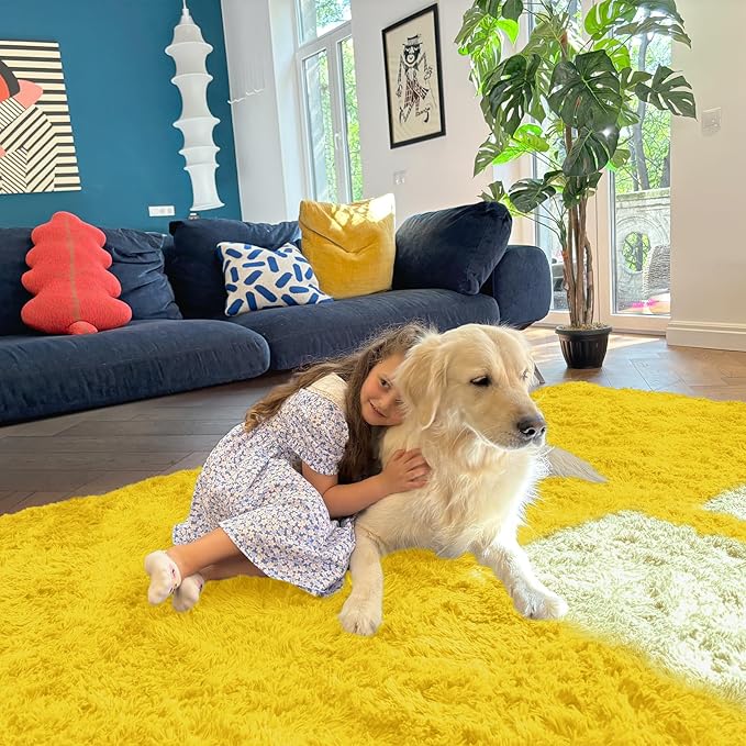 OLANLY 5x8 Machine Washable Large Area Rugs for Living Room, Bedroom, Soft Fluffy Shaggy Bedside Rug, Indoor Floor Carpet for Kids Girls and Boys, Dorms, Nursery, Home Decor Aesthetic, Yellow