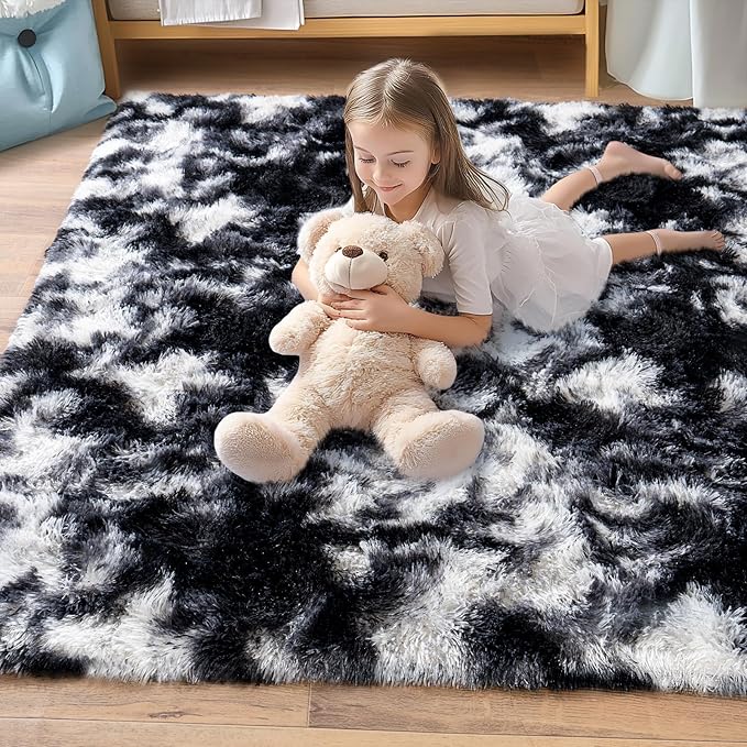 Pionblank Super Fluffy Area Rug for Living Room 5x7 Feet, Modern Indoor Shaggy Carpet, Soft Plush Non Slip Rugs for Bedroom Kids Room Cloakroom Home Decor, Black White
