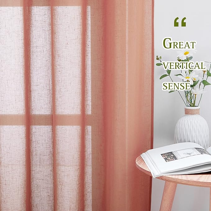 NICETOWN Linen Textured Semi Sheer Curtains for Large Windows, Ring Top Privacy with Light Filtering Flax Sheer Drapes for Bedroom/Living Room, Terracotta=Burnt Orange, W52 x L108, Set of 2