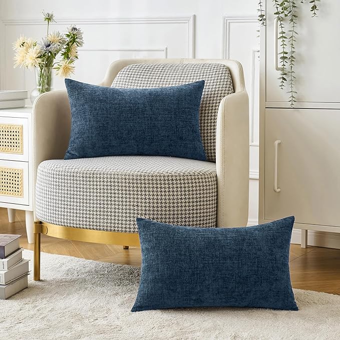 MIULEE Pack of 2 Blue Throw Pillow Covers 12x20 Inch Soft Chenille Lumbar Pillow Covers for Sofa Living Room Couch Solid Dyed Cases