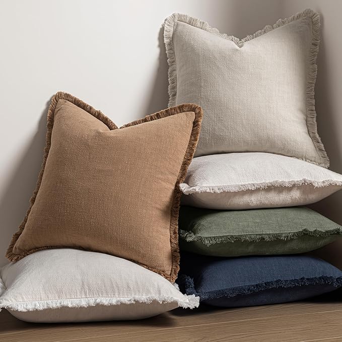 MIULEE Decorative Throw Pillow Covers Neutral Linen Fringe Throw Pillows Set of 2 Natural Beige Boho Farmhouse Cushion Covers with Tassels for Couch Sofa Bed Living Room Spring Decor 18x18 Inch