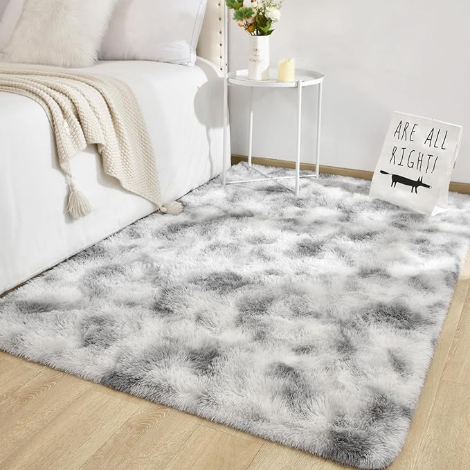 TWINNIS Super Soft Shaggy Rugs Fluffy Carpets 9x12 Feet, Indoor Modern Plush Area Rugs for Living Room Bedroom Kids Room Nursery Home Decor, Upgrade Anti-Skid Fuzzy Rug, Grey and White