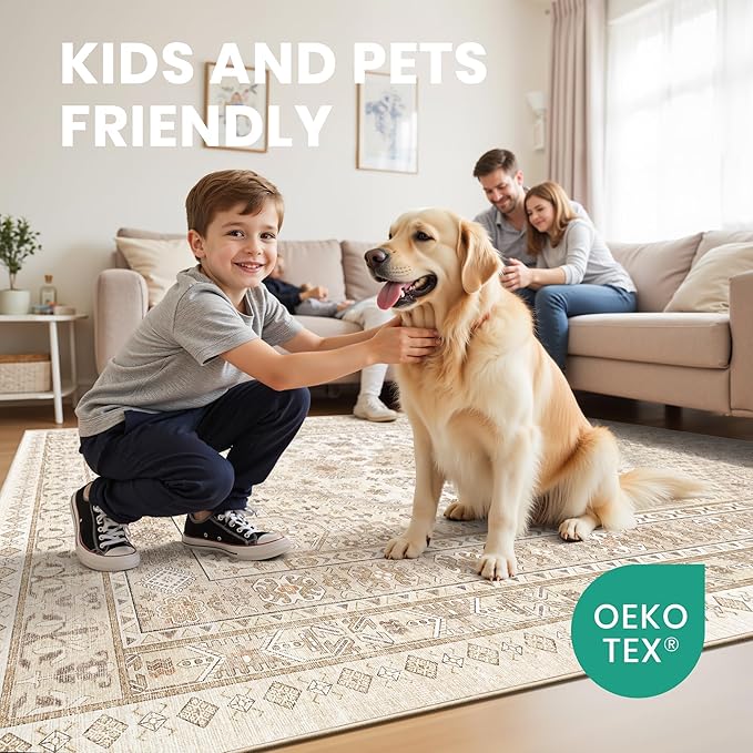 zesthome 7x9 Area Rug, Super Soft Washable Rugs for Living Room, Non-Slip Stain Resistant Vintage Rugs, Ultra-Thin Large Area Rugs (Cream/Beige,7'x9')