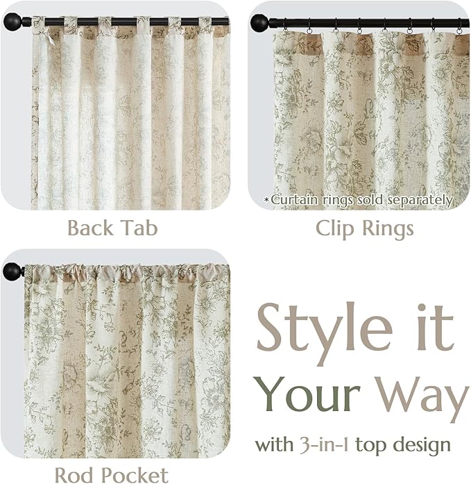 jinchan Linen Floral Curtains 84 Inch Length for Living Room Bedroom Light Filtering Farmhouse Peony Flower Drapes Rustic Window Curtain Set Rod Pocket Back Tab 2 Panels Green