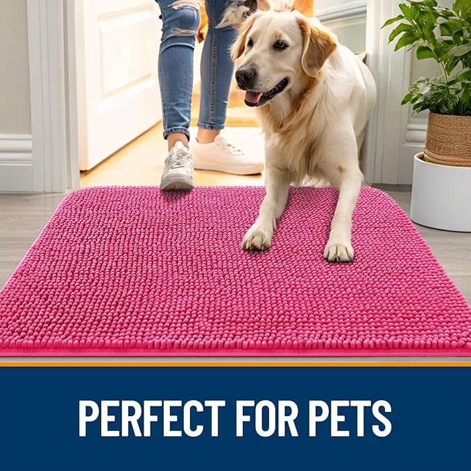 OLANLY Dog Door Mat for Muddy Paws 50x30, Absorbs Moisture and Dirt, Absorbent Non-Slip Washable Doormat, Quick Dry Chenille Mud Mat for Dogs, Entry Indoor Entryway Carpet for Inside Floor, Hot Pink