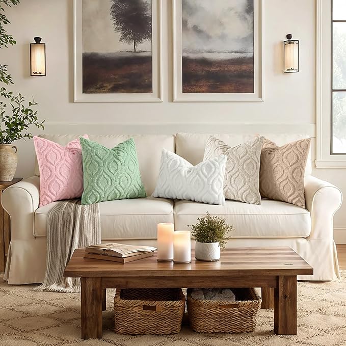 decorUhome Throw Pillow Covers 12x20 Inch Set of 2, Soft Plush Faux Wool Sage Green Solid Couch Pillow Covers, Accent Farmhouse Neutral Rectangle Pillow Cases for Sofa Bed Living Room