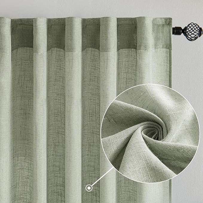 MIULEE Sage Linen Curtains 54 Inch Length 2 Panels for Bedroom Living Room,Green Soft Thick Linen Textured Short Window Drapes Semi Sheer Light Filtering Back Tab Rod Pocket Burlap Look Decor