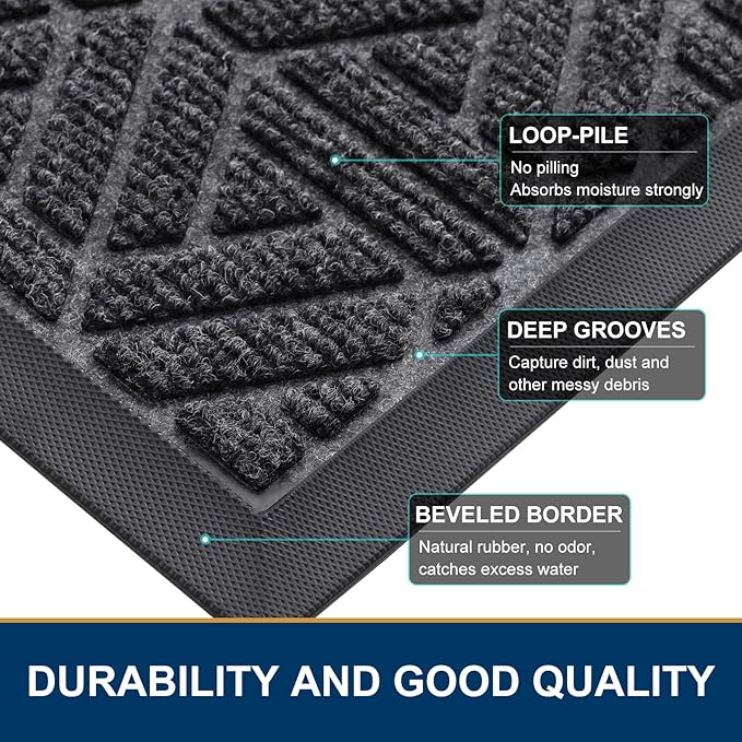 Smiry Front Door Mat Outside Entrance, Heavy Duty Sturdy Natural Rubber Doormat, Trap Dirt and Moisture, Easy Clean Low Profile Mats for Indoor Outdoor Entry, Grid Geometric (59x34, Grey)