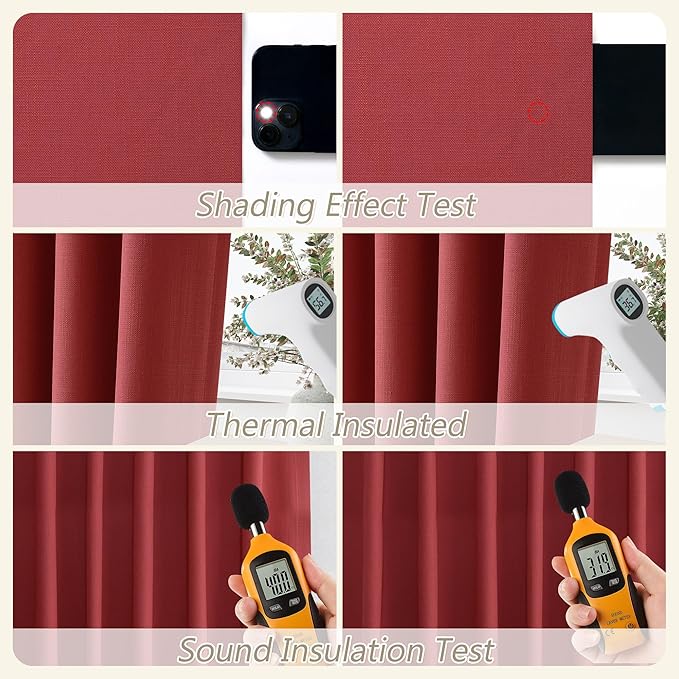 Guken Red 100% Blackout Linen Curtains 102 Inch Length 2 Panels Set for Living Room Bedroom Back Tab Thermal Insulated Black Out Drapes Room Darkening Farmhouse Window Curtains 102 Inches Long