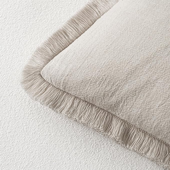 MIULEE Decorative Throw Pillow Covers Neutral Linen Fringe Throw Pillows Euro Shams Set of 2 Natural Beige Boho Farmhouse Cushion Covers for Couch Sofa Bed Living Room Spring Home Decor 22x22 Inch