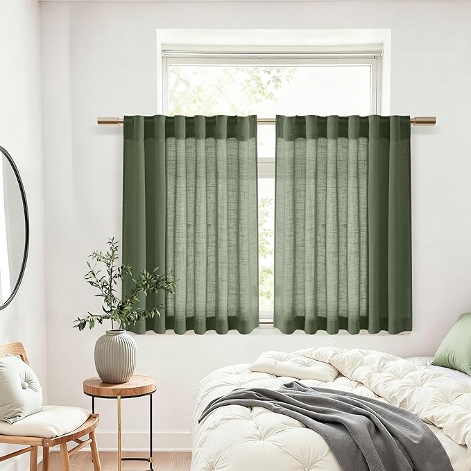 Nanspring Olive Green Cafe Linen Curtains 24 Inch Length 2 Panels Semi Sheer Mini Curtains for Small Window Kitchen Back Tab Rod Pocket Short Sheer Bathroom Curtain 36x24 Inches