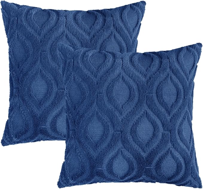 decorUhome Throw Pillow Covers 22x22 Inch Set of 2, Soft Plush Faux Wool Dark Blue Solid Couch Pillow Covers, Accent Euro Sham Farmhouse Neutral Square Pillow Cases for Sofa Bed Living Room