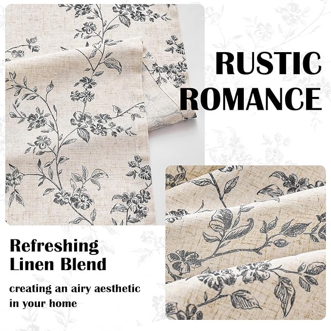 Lazzzy Black Floral Linen Curtains 63 Inch Farmhouse Back Tab Drapes for Living Room Bedroom Light Filtering Vintage Grandmillennial Rod Pocket Curtains, 2 Panels, W38 x L63, Black on Beige