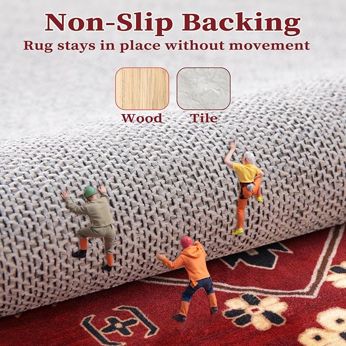 SERISSA Area Rug 3x5 Boho Rugs for Bedroom, Washable Non-Slip Living Room Rug, Ultra Soft Print Distressed Vintage Red Black Rug Low-Pile Throw Carpet for Entry Kitchen Bedroom Nursery Dorm Decor