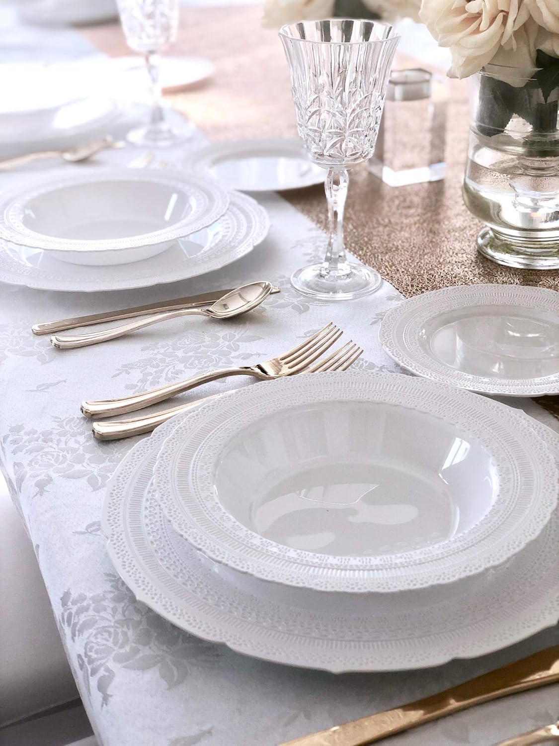 " OCCASIONS " 60 Plates Pack, Extra Heavyweight Vintage Wedding Party Disposable Plastic Plates (11'' Dinner Plate, Chateau in White)