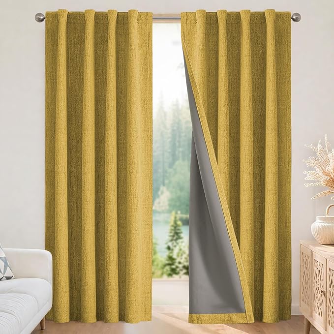 Joydeco Linen Blackout Curtains for Bedroom - 100% Light Blocking 1 Panels, Yellow Drapes 100" W x 84" L, Thermal Insulated Room Darkening Curtains for Living Room, Rod Pocket & Back Tabs