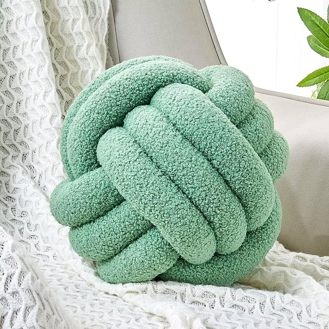 Uvvyui Knot Pillow Ball, Soft Home Decorative Round Throw Pillow, Handmade Knotted Plush Pillow, Round Boucle Pillow Cushion (8.6 Inches Sage Green)