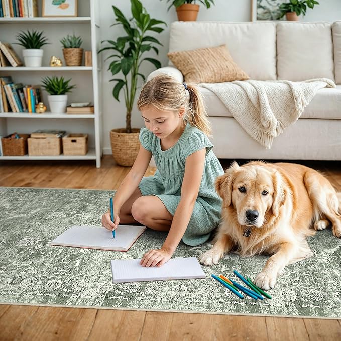 4x8 Washable Hallway Runner Rug - Wide Kitchen Runners Vintage Low Pile Carpet Soft Thin Floor Runner with Rubber Backing for Entryway Bedroom Living Room Home Decor (Muted Sage Green)