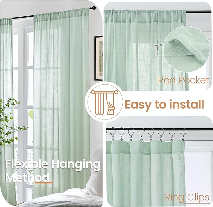 BGment Sage Green Linen Curtains 54 Inch Length for Short Window - Rod Pocket Drapes Light Filtering Sheer Textured for Bedroom Decorative Lightweight Natural Rustic, 2 Panels Set, 42 X 54 Inch