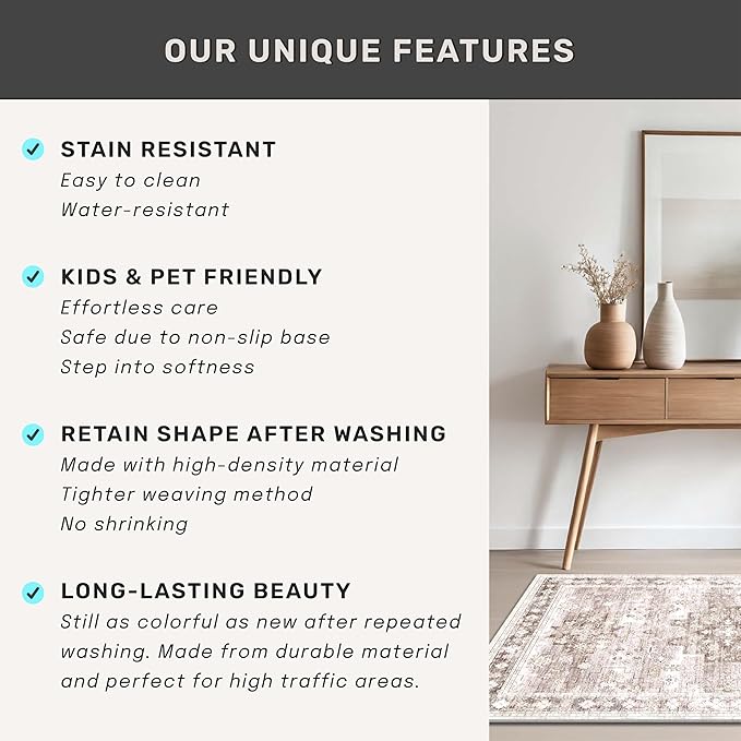 Boho 2x8 Long Runner Rugs for Hallway, Neutral Farmhouse Non Slip Runner for Kitchen, Entryway, Vintage Floral Decor Low-Pile Washable Stain Resistant Beige Latte Rug