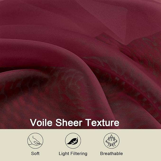 Extra Long Sheer Burgundy Curtains for Bedroom Living Room 108 Inches Long 2 Panels Set, Solid Soft Light Filtering Rod Pocket Sheer Window Curtains, Burgundy, Each 42" Wx108 L Inch