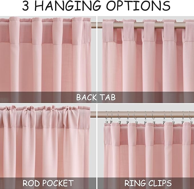 Pink Curtains 63 Inches Long 2 Panel Sets for Baby Girl Bedroom Light Filtering Linen Drapes for Kitchen Windows Rod Pocket Back Tab Short See Through Curtain Home Decor 52x63