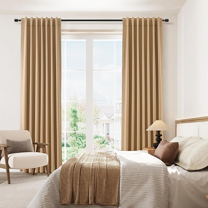 Guken 100% Blackout Linen Curtains 84 Inch Length 2 Panels Set for Living Room Bedroom Back Tab Thermal Insulated Black Out Linen Drapes Room Darkening Window Curtains 84 Inches Long,Camel Brown