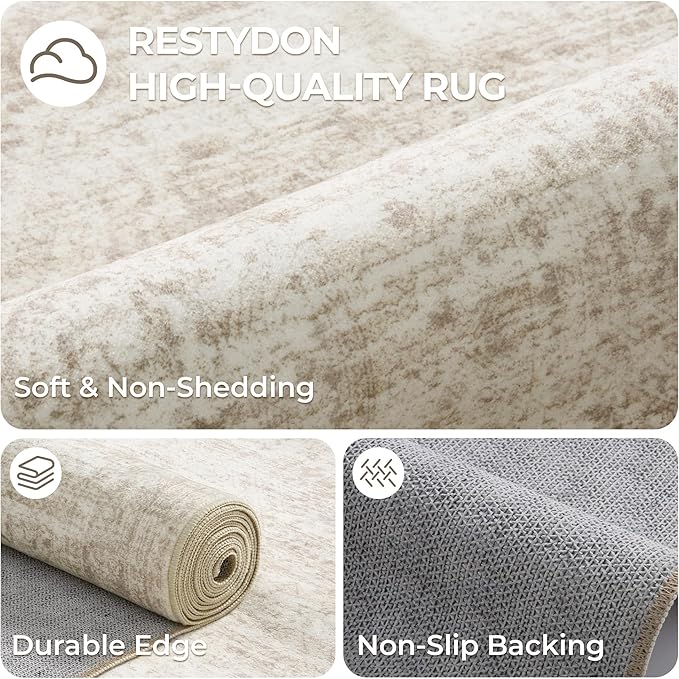 3x8 Runner Rug Non Slip Washable for Entryway, Vintage Hallway Runner for Front Porch, Laundry Room, Bedroom, Abstract Stain Resistant Thin Indoor Kitchen Mats for Floor(3'x8', Beige/Ivory)
