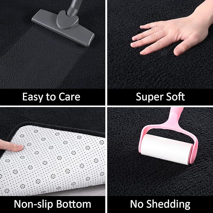 AROGAN Modern Shag Area Rug for Living Room, 5x7 Feet Washable Rugs for Bedroom, Indoor Floor Carpet Rugs, Plush Memory Foam Bedside for Kids Girls Teens Room Low Pile Rug Decor, Black