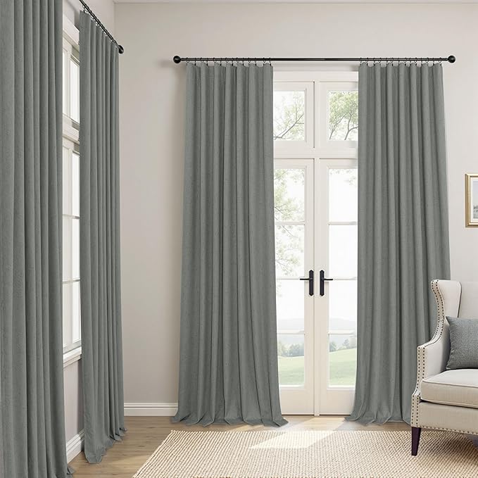 Grey Blackout Curtains for Bedroom 84 Inch Length 2 Panel Linen Textured Thermal Insulated Winter Blocking Darkening Window Drape Black Out Long Curtain for Living Room Sliding Door Back Tab Dark Gray