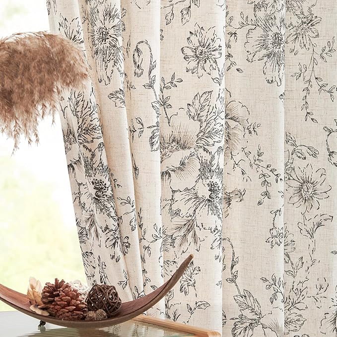 jinchan Linen Blend Curtain Floral Curtains for Living Room 45 Inch Length Black Printed Curtain Rod Pocket Back Tab Farmhouse Peony Flower Patterned Drapes Bedroom Window Curtains Set 2 Panels