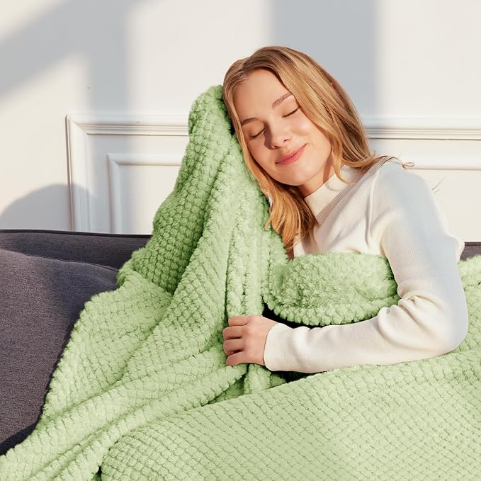 Whale Flotilla Twin Size Fuzzy Fleece Blanket for Bed, 60x80 Inch Fluffy Warm Soft Jacquard Blankets for All Season, Lightweight and Cozy, Sage Green